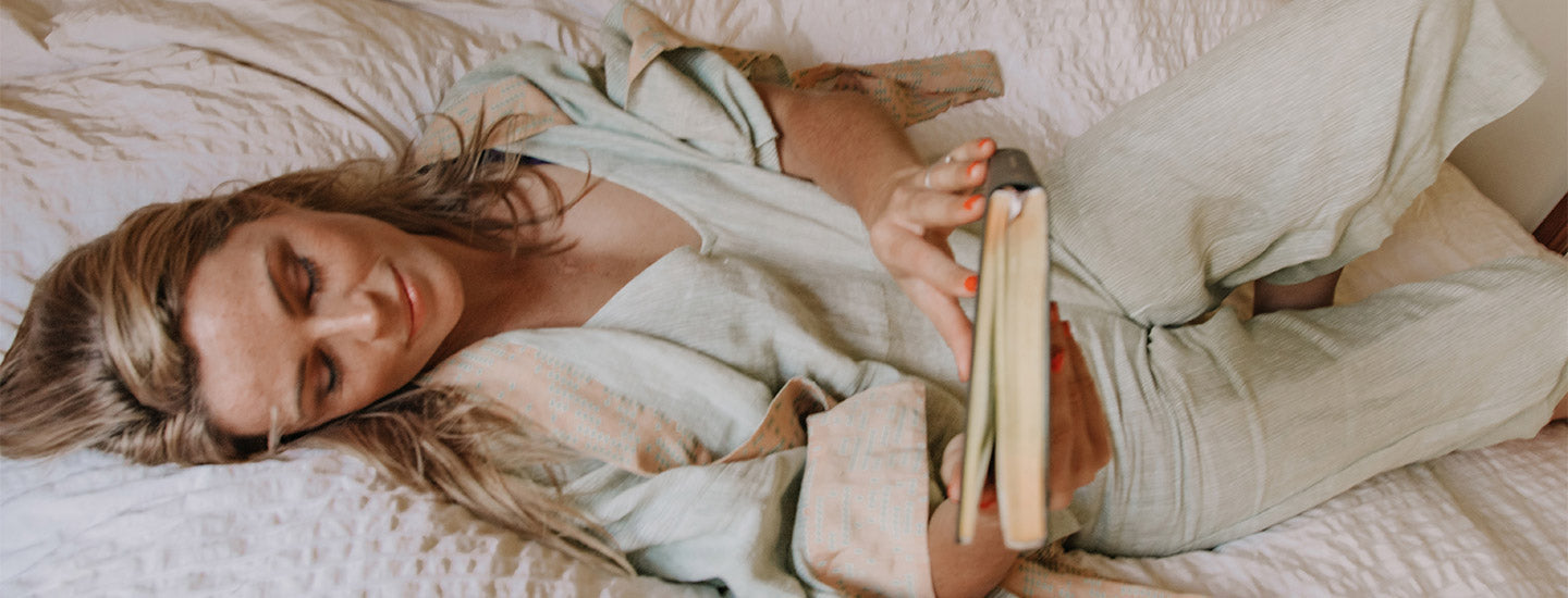 green pinstripe linen cami and pant set with linen block printed kimono as sleepwear